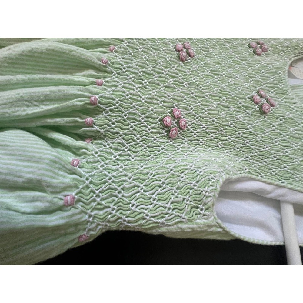 Vintage Strausburg Smocked Dress in Green Seersucker with Pink Roses - 5 - Picture 2 of 6